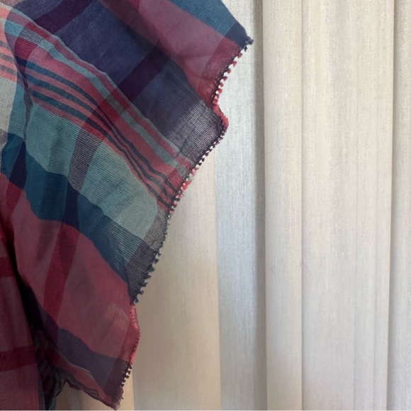 Trovata Birds of Paradis Blue Pink Plaid Carla High Neck Shirt - Picture 5 of 13